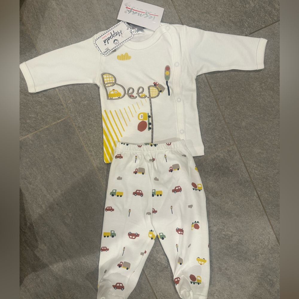 Adorable White Kids Matching Set with Vehicle Prints